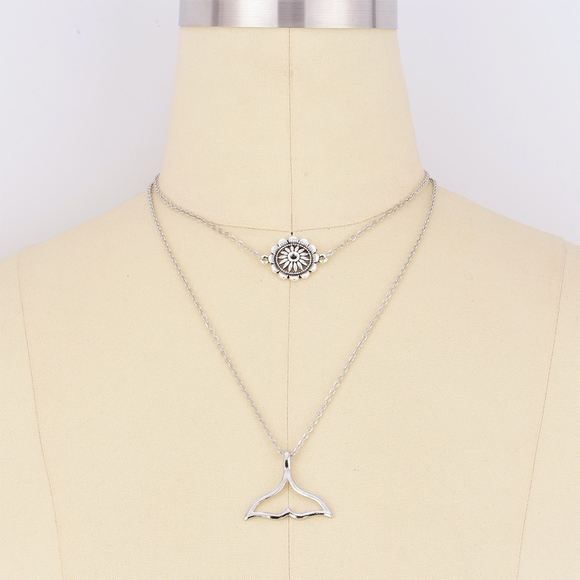 2 Layer Mermaid Whale Tail Necklace Silver - Picture 2 of 6